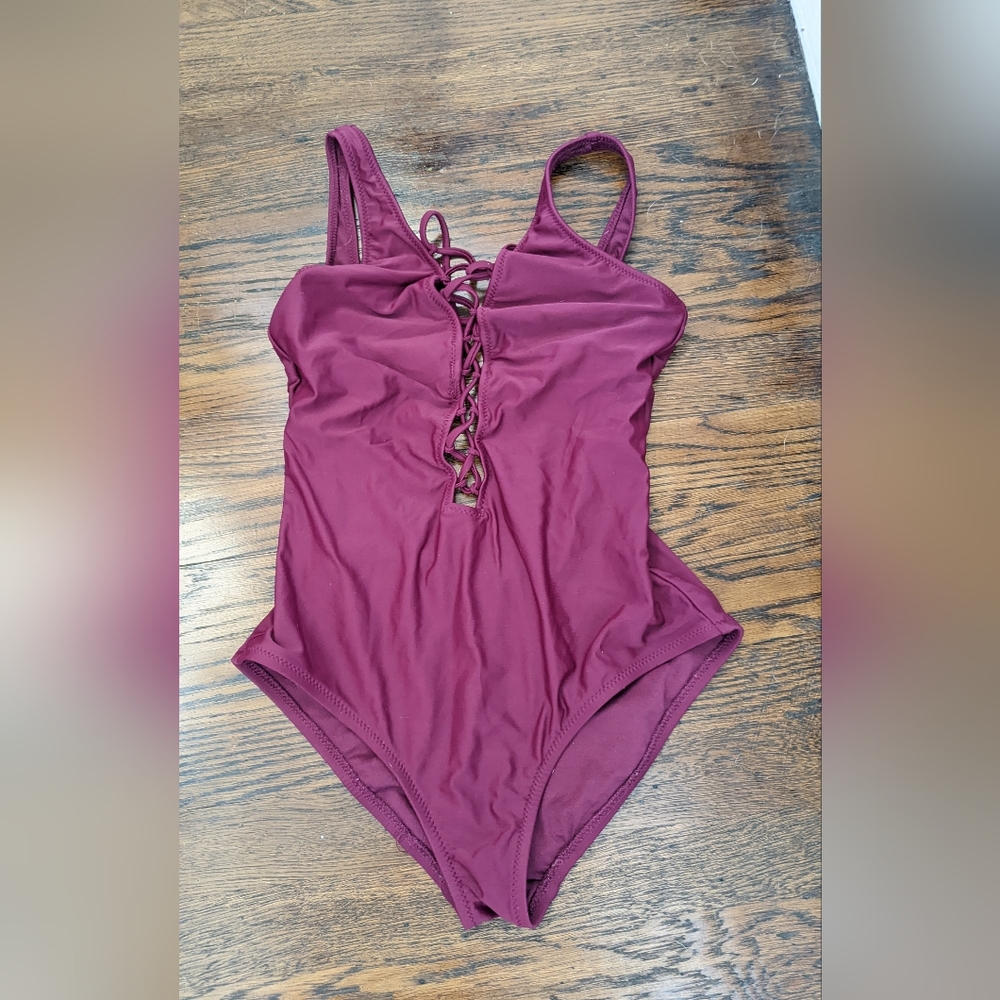 Maroon Lace-Up One Piece Swim